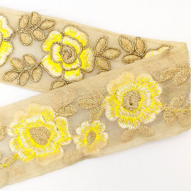 Yellow and Gold Floral Embroidery Trimming, Embroidered Roses Flowers Trim, Sheer Fabric Lace